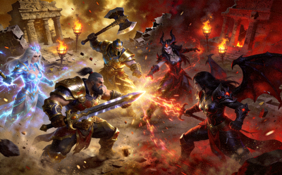 DOTA2游戏封面展示远古战场天辉夜魇双方英雄对抗画面